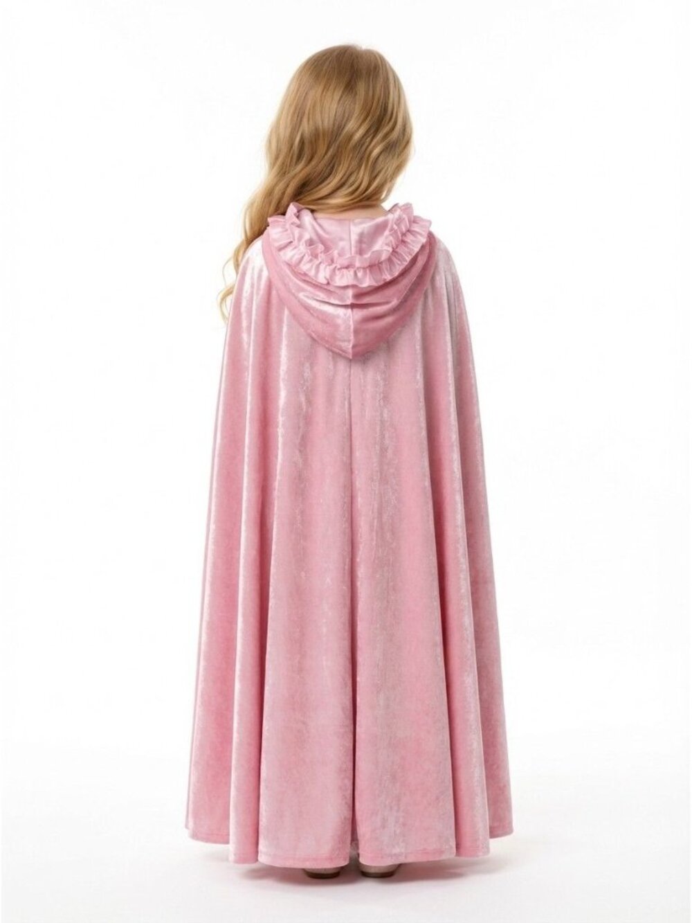 Girls Pink Velvet Hooded Princess Cape with Ruffle Trim Costume (Size 5) - Picture 2 of 2